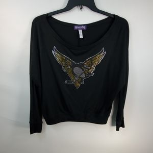 RUBEE COUTURE BLACK BEADED PENGUIN LOGO SHIRT MED